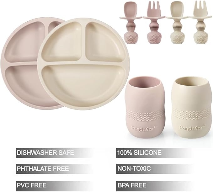 PandaEar Silicone Baby Feeding Set, 2 Pack - Divided Suction Plate, 2 Tiny Cup with Spoons, BPA Free, Light Tan/Pink