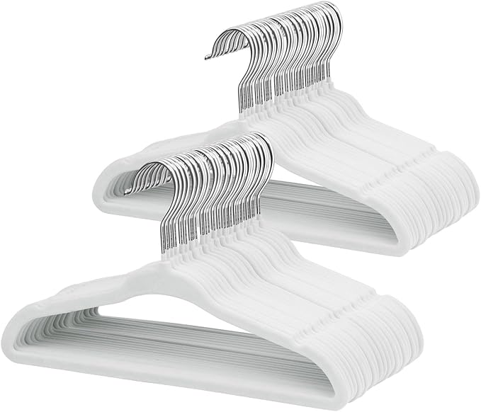 ManGotree 10.95" Baby Velvet Hangers, Non-Slip Infant Coat Hangers, Ultra-Thin Toddler Felt Hangers with 360° Swivel Hook, Space Saving Children's Hangers for Kids Clothes, 48 Pack (White)
