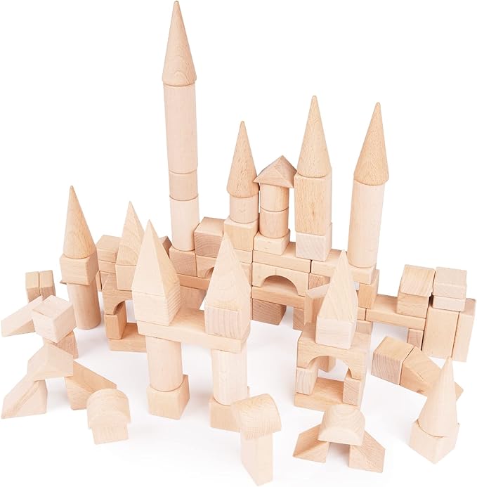 100Pcs Wooden Building Blocks Set- Wood Stacker Stacking Blocks Game Toys for Toddlers, Multiple Shapes