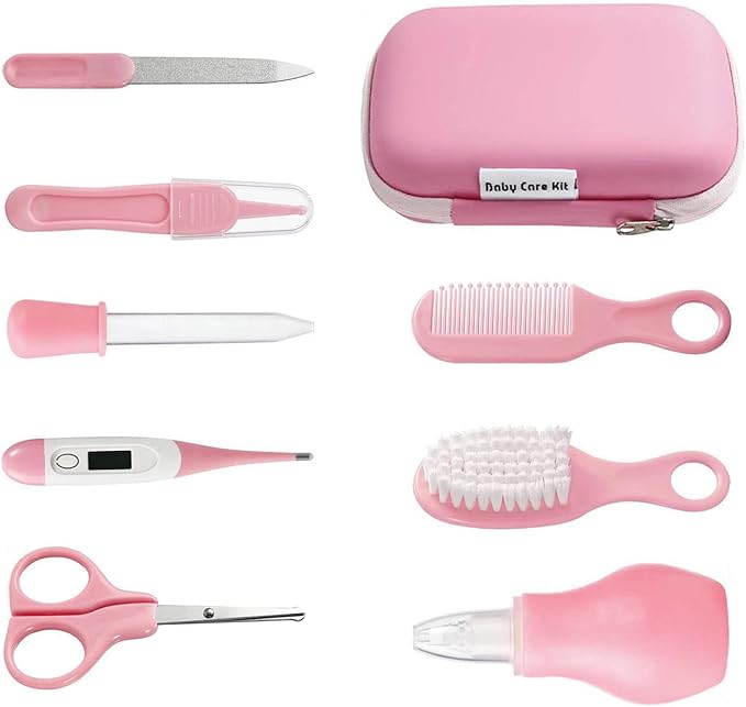 PandaEar Baby Healthcare and Grooming Kit, Baby Safety Set Baby Comb, Brush, Finger Toothbrush, Nail Clippers, Scissors, Nasal Aspirator, Baby Essentials Nursery Care Kit (Pink)
