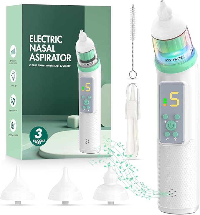 Nasal Aspirator for Baby, Electric Baby Nose Sucker with Adjustable 5 Levels Suction 3 Tips,