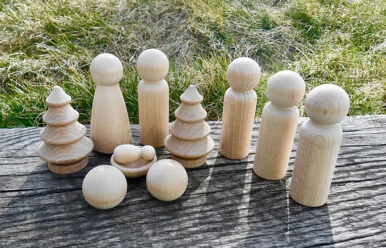 Nativity Wood Dolls, Baby Jesus and Manger, Mary, Joseph, 2 Blank Sheep, 3 Wisemen, 2 Miniature Trees, DIY Peg Dolls, Unfinished Pegs