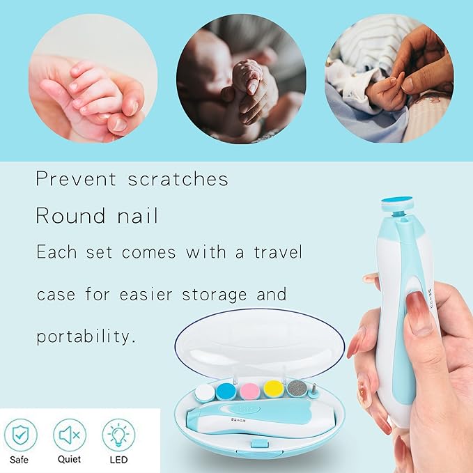 Baby Nail Trimmer Electric, Safe Baby Nail File with Light and 6 Grinding Pads for Newborn Toddler Toes and Fingernails,Baby Nail Trimmer Infant Nail File Electric (Blue)