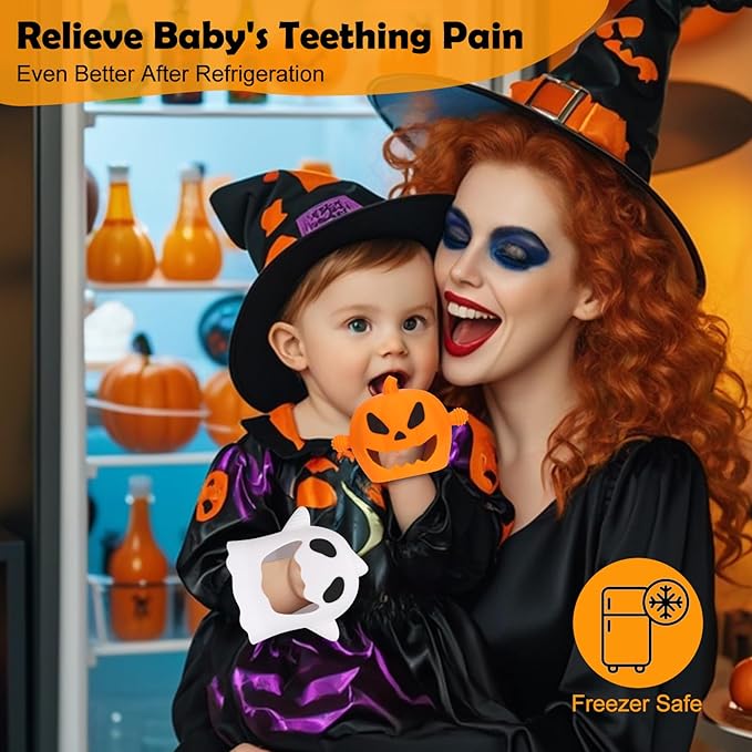 Halloween Baby Teething Mitten Toys 2Pack, Silicone Pumpkin & Ghost Teethers for Newborns