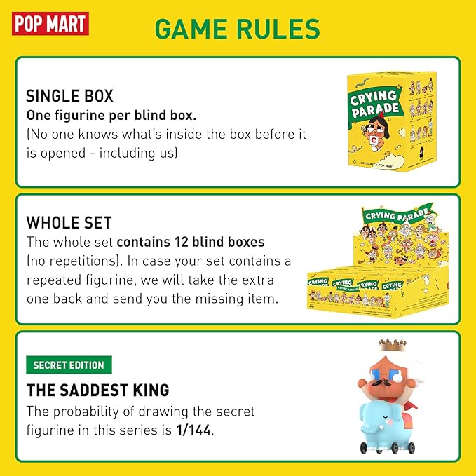 POP MART CRYBABY Crying Parade Series Blind Box Figures, Random Design Mystery Toys for Modern Home Decor