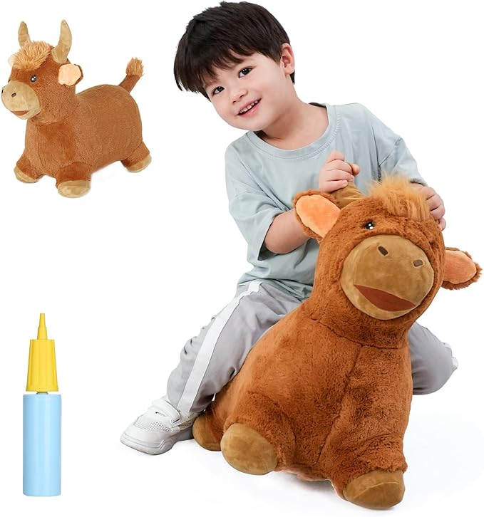INPANY Bouncy Bull Hopping Toys - Toddler Brown Plush Highland Cow Hopper, Kids Inflatable Farm Animal Hopper Horse 2 3 4 Year