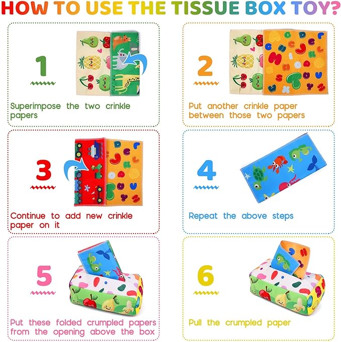Baby Toys 6 to 12 Months - Tissue Box Toy Montessori for Babies 6-12 Months, Soft Stuffed High Contrast Crinkle Infant Sensory Toys