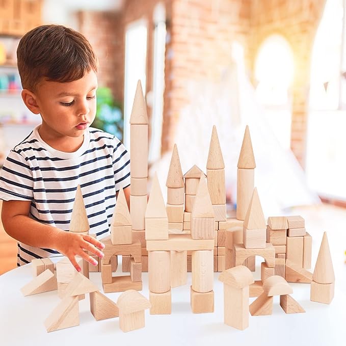 100Pcs Wooden Building Blocks Set- Wood Stacker Stacking Blocks Game Toys for Toddlers, Multiple Shapes