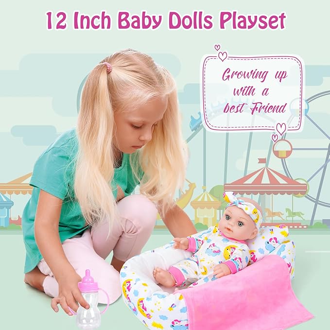 12 Inch Baby Doll With Soft Crib Bassinet Bed,Sleep Time 3+ Kids