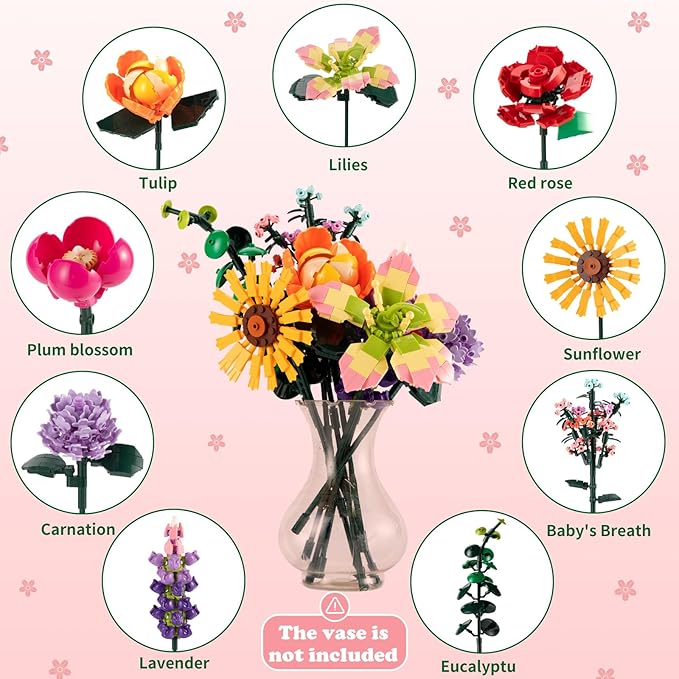 Flowers Bouquet Building Toy, 845Pcs Office Home Decor Botanical Collection Flowers Building Set