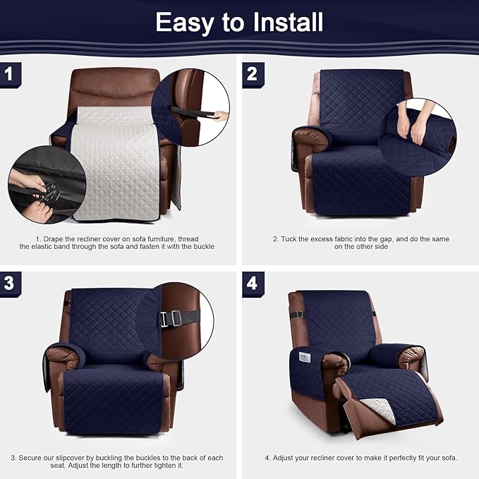KinCam 100% Waterproof Recliner Chair Cover, Reclining Couch Covers for Pets, Dogs, Recliner Couch Slipcover Furniture Protector with Elastic Straps for Kids(28", Dark Blue)