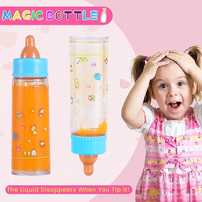 Magic Disappearing Milk and Juice Bottles with Pacifiers for Baby Doll Accessories,6 Pieces Pretend Play Feeding Toy Set 4 Bottles 2 Pacifiers