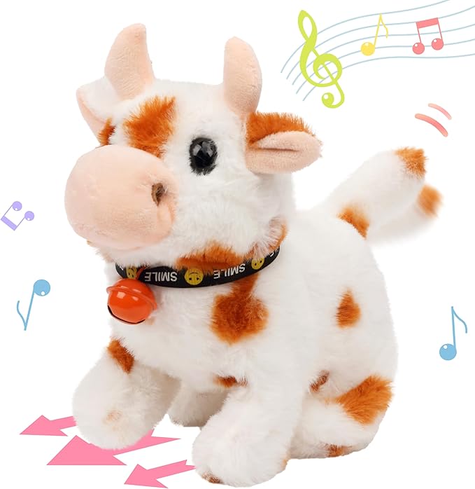 Hopearl Walking Cow Interactive Electronic Pet Plush Diary Cattle Toy with Sounds and Movements MOO Nodding Head Wag Tail Animated Gift for Toddlers Birthday, Brown 7''