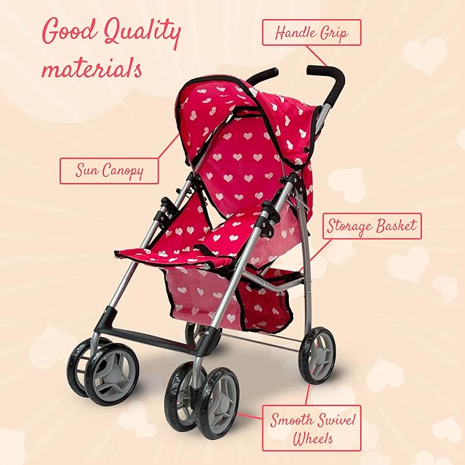 Baby Doll Stroller for Toddler Girls & Big Kids up to 8 Years Old | 28” Baby Stroller for Dolls, Toy Baby Stroller with Cute Pink Hearts Pattern