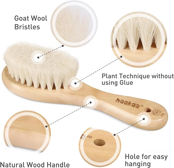 haakaa Baby Hair Brush and Comb Set for Newborns & Toddlers - Natural Soft Goat Bristles and Wooden Handle, Gently Grooms Baby's Hair, Ideal for Cradle Cap, Perfect Baby Gift, 2pk