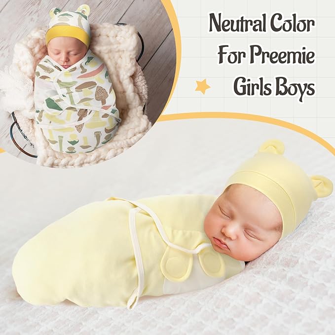 Buryeah 4 Pack Preemie Swaddle Blanket Wrap Set with Hat for Baby Boys Girls 3-7 Lbs Preemie Newborn Clothes Sleepers Cap