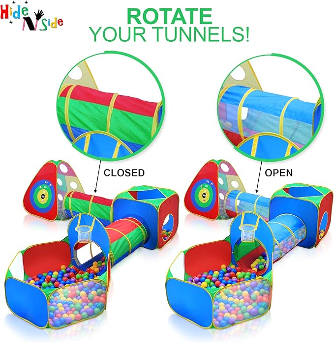 Hide N Side 5pc Kids Ball Pit Tents and Tunnels, Toddler Jungle Gym Play Tent with Play Crawl Tunnel Toy 4 Dart