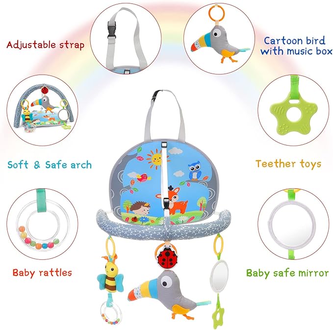 Infant Car Seat Toys for Babies 0-6 Months: Travel Baby Toy for Rear Car Seat, Adjustable Mobile Activity Arch with Music, Sensory Hanging Toy Fits Safety Car Seats, Crib, Stroller (Multi-color)