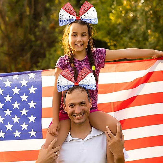 Hairband - 4th of July Decorations Bow Headband with Tassel, Sequins Red Blue White