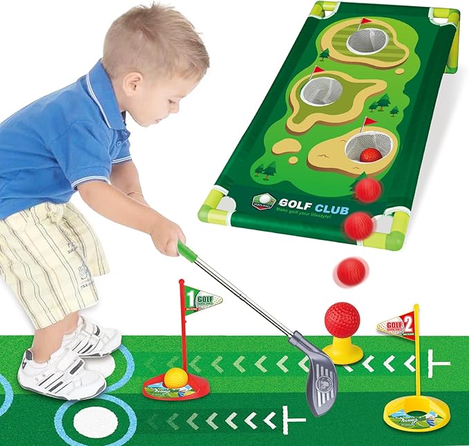 Toddler Golf Clubs Length Adjustable, Upgraded Kids Golf Toy Set with Golf Cornhole 2 3 4 5 6 Year
