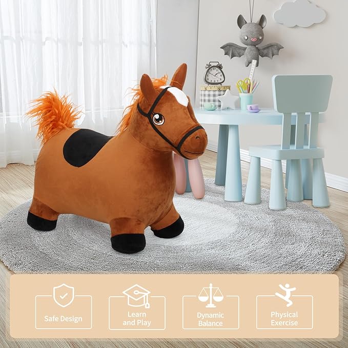 INPANY Bouncy Horse Toys for 1 2 Year Old Boy Birthday Gifts, Toddlers/Kids Brown Plush Hopping Toy 3 4