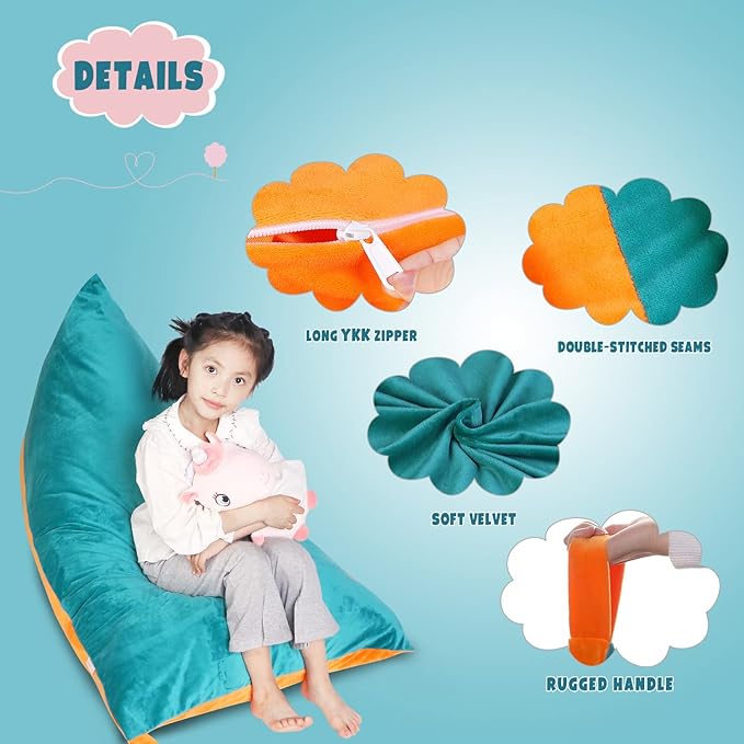 LOLOMLO Stuffed Animal Storage Bean Bag Chair Cover, Velvet Turquoise Orange Plush Toy Storage Stuff and Sit Seat for Kids/Teens/Adults, 52" x 31" Extra Large Triangle Sofa, 200L/52Gal, Cover Only