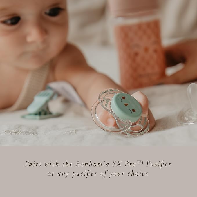 Suavinex Bonhomia Premium Baby Pacifier Clip with Ribbon, Stylish Binky Clips with Double Sided Design (0mo+), Beige