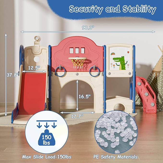 10 in 1 Toddler Slide for Toddlers Age 1-3, Extra-Long Slide with Basketball Hoop Indoor and Outdoor Baby Climber Playset Playground Freestanding Slide (Large