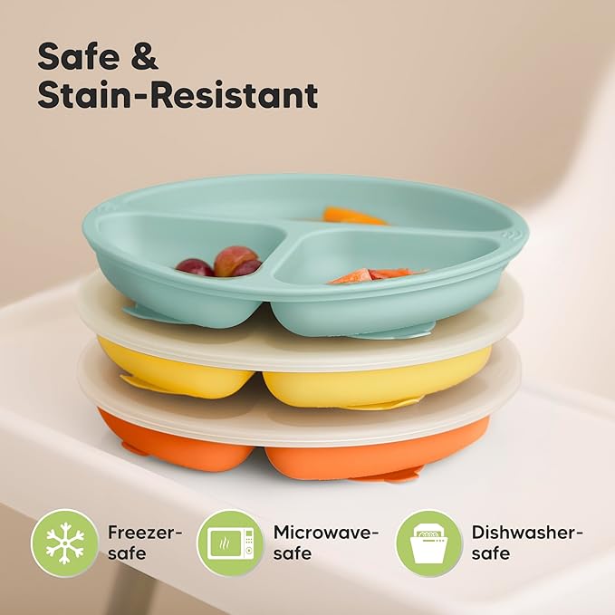 KeaBabies Suction Plates with Lids for Baby - 3-Pack 100% Silicone Suction Plates for Baby, Kids,Toddler Plates,Divided Baby Plates with Suction,Lids, BPA-Free, Microwave, Dishwasher Safe (Amaze)