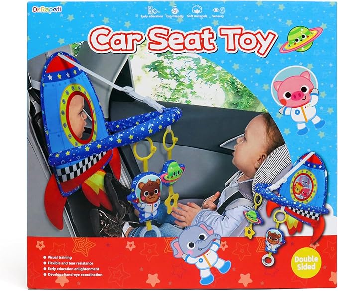 Dr.Rapeti Double-Sided Car Seat Toy, Rear Facing Car Seat Toy, Travel Activity Set, Easier Drive for Newborn, Adjustable Activity Arch with Baby Mirror, Teether, Ring Rattles