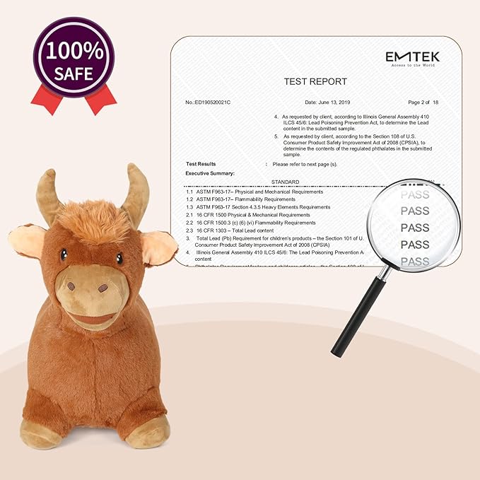 INPANY Bouncy Bull Hopping Toys - Toddler Brown Plush Highland Cow Hopper, Kids Inflatable Farm Animal Hopper Horse 2 3 4 Year