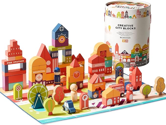 bc babycare 128 Pcs Wooden Building Blocks for Toddlers 1-3, Educational Wooden Toys with Block City