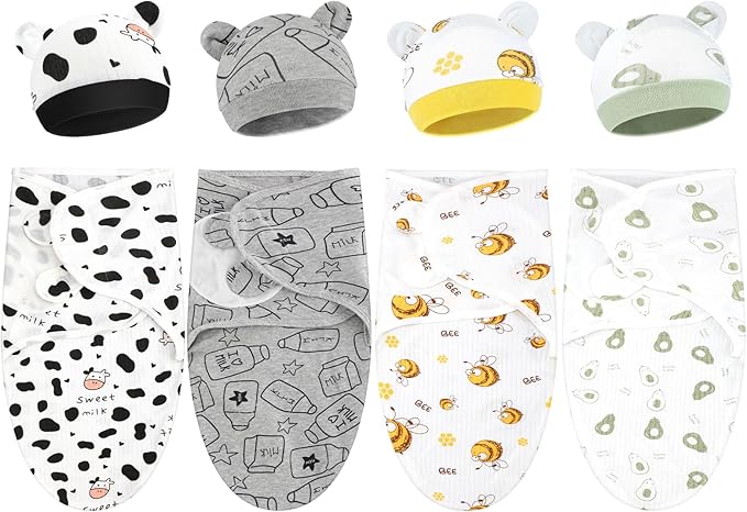 Buryeah 4 Pack Preemie Swaddle Blanket Wrap Set with Hat for Baby Boys Girls 3-7 Lbs Preemie Newborn Clothes Sleepers Cap