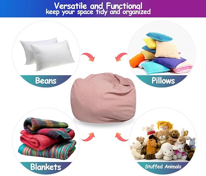 Stuffed Animal Bean Bag Storage Chair Cover for Kids Teens Adults (No Filler) Soft Washable Premium Corduroy Organizing Plush Toys Comfortable Organizer Keep Clutter with Premium Zipper Medium