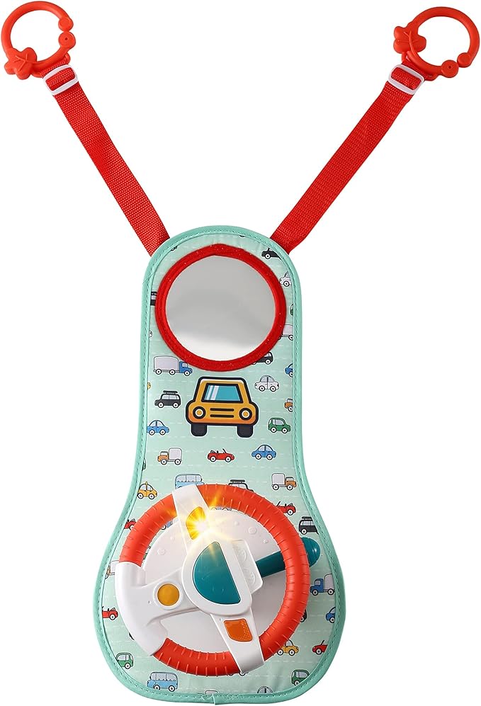 BETTERLINE Baby Car Seat Toy for Infants and Toddlers, Interactive Driving Steering Wheel with Lights, Music and Mirror, Realistic Driving Sounds - Can use for Stroller or Playpen, Adjustable Strap
