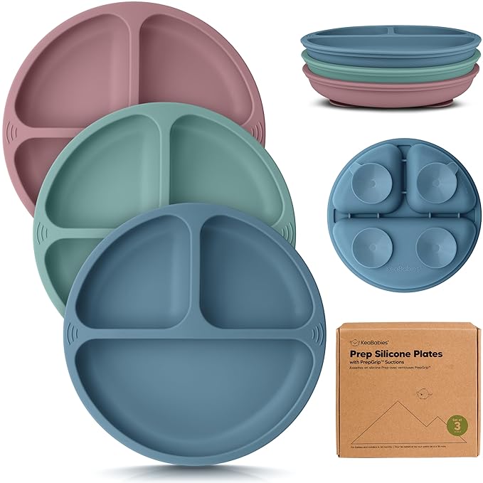 KeaBabies Suction Plates for Baby, Toddler - 3-Pack 100% Silicone Toddler Plates, Divided Baby Plates with Suction, Silicone Plates for Baby, Kids, BPA-Free, Microwave, Dishwasher Safe (Quantum)