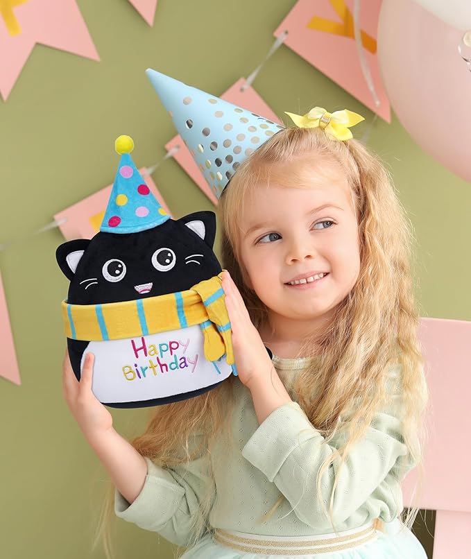 Stuffed Cat Birthday Plush Gift - Adorable Black Cat Stuffed Doll, Cute Birthday Hat and Scarf, Soft Huggable for Kids, Cute Decor, 8 Inch