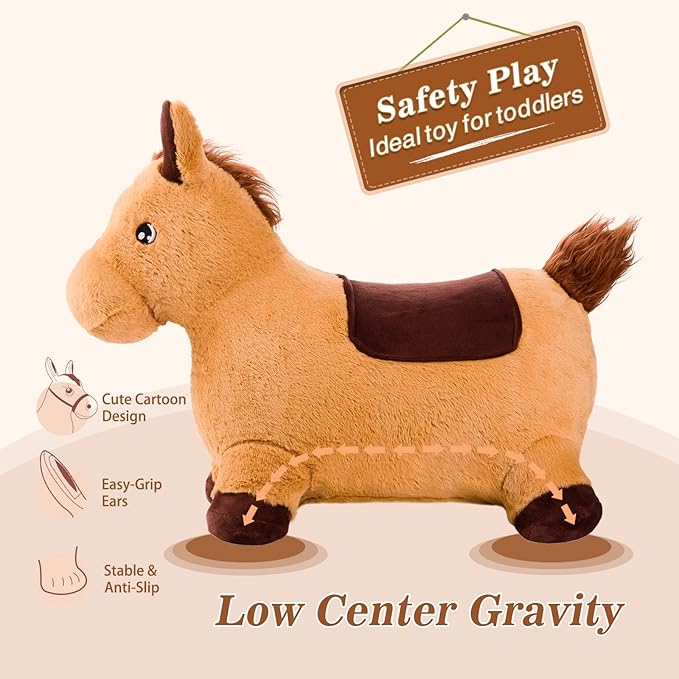 INPANY Bouncy Horse for Toddlers - Plush Brown Bouncing Horse Hopper, Ride on Animal Toys for Girls Boys