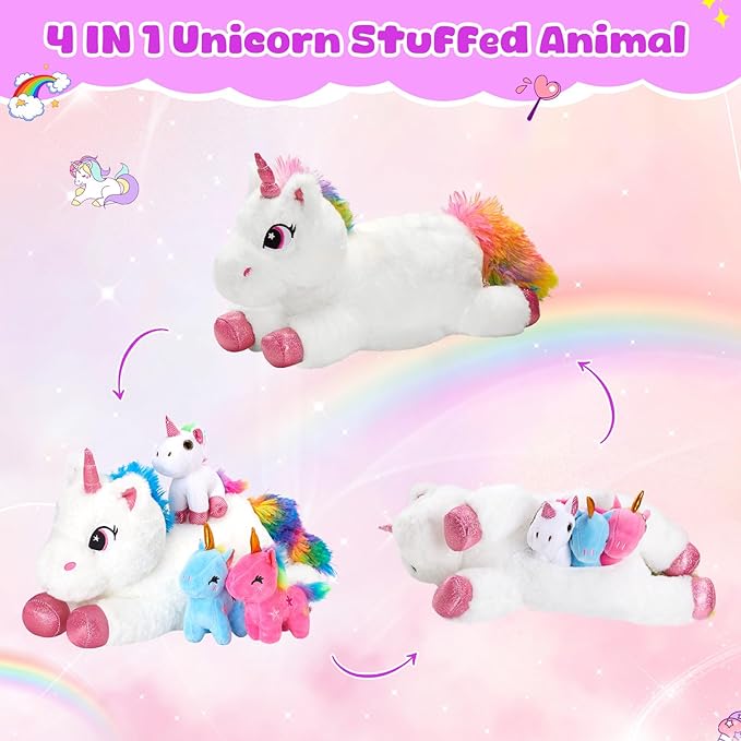Houwsbaby Unicorn Mommy Stuffed Animal with 3 Babies Inside,4 in 1unicorn Plush Toy