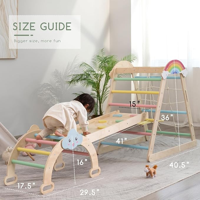 HIGOGOGO 9-in-1 Indoor Playground - Toddler Jungle Gym Montessori Climbing Set Toy Wooden Pikler Triangle with Monkey Bars, Arch 2-12 Years