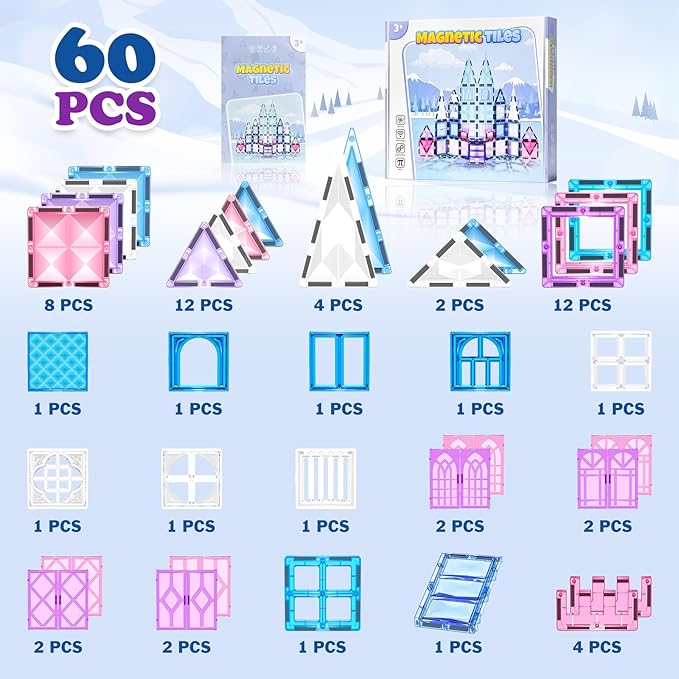 Magnetic Tiles Frozen Toys, Ice World Dimond Princess Castle 60Pcs Magnet Tile Building Blocks for Toddler Age 1-3,3-5, Pretend STEM Learning, for Kid Girls Boys 3 4 5 6