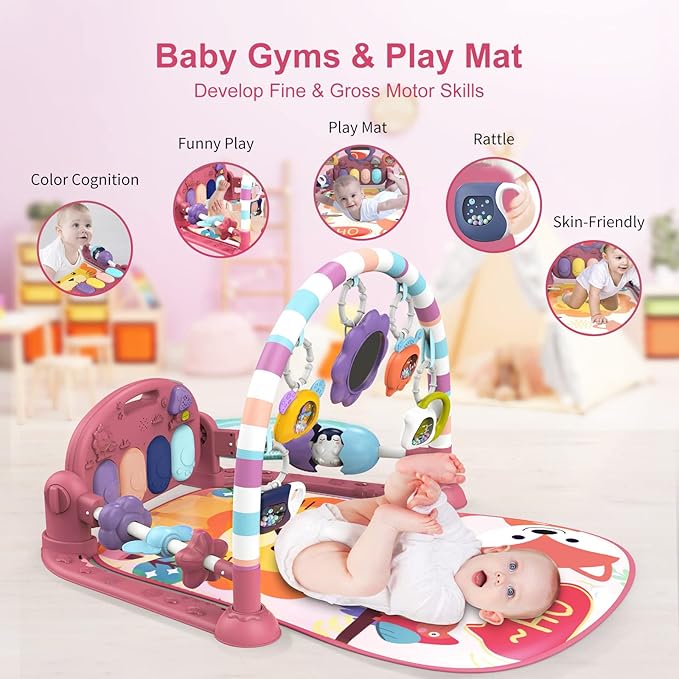dearlomum Baby Play Mat Baby Gym,Funny Play Piano Tummy Time Baby Activity Mat with 5 Infant Sensory Baby Toys 0 to 3 6 9 12