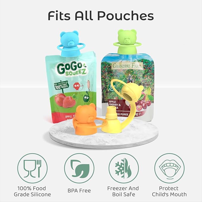 Soft Sip Food Pouch Topper - BPA Free Silicone Food Pouch Tops for Baby Prevent Spills, Food Grade Toddler Pouch Lids Protects Childs Mouth, 4 Pack Bundle (Blue, Green, Yellow, Orange)