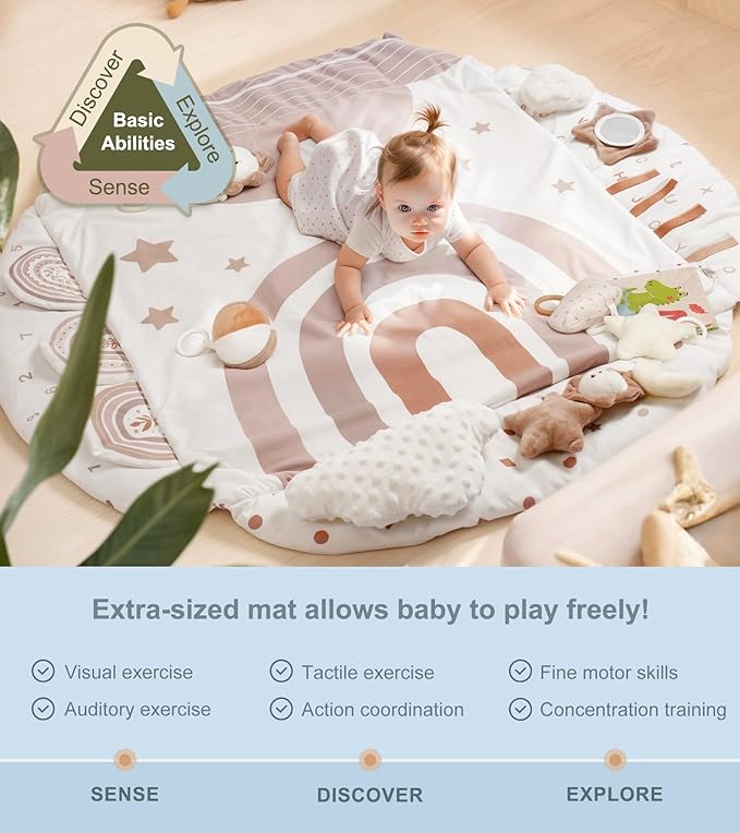 Baby Gym Play Mat, Tummy Time Mat & Pillow 4 Zone