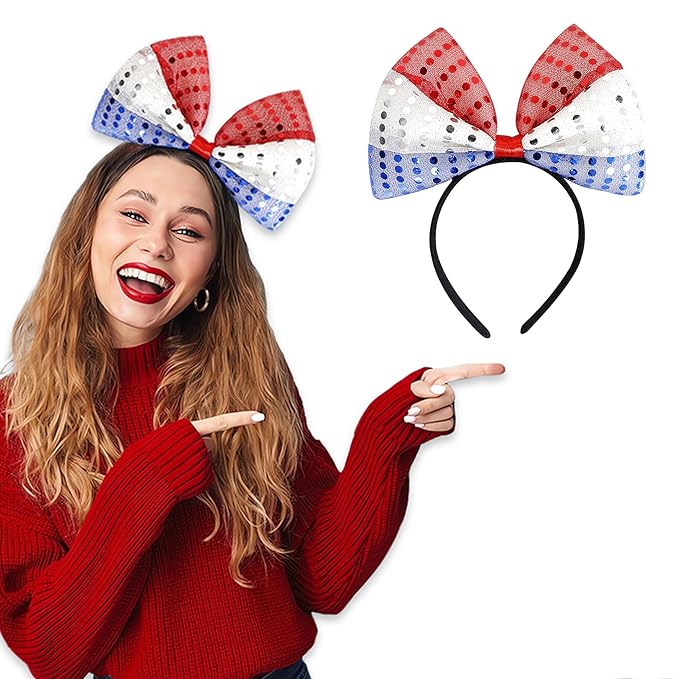 Hairband - 4th of July Decorations Bow Headband with Tassel, Sequins Red Blue White