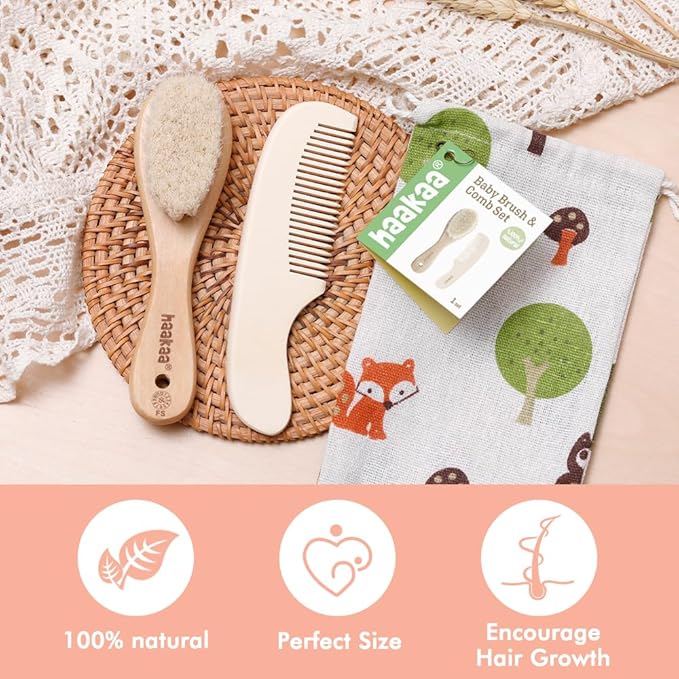 haakaa Baby Hair Brush and Comb Set & Pear-FECT Manicure Kit for Newborns & Toddlers, Natural Soft Goat Bristles and Wooden Handle, Baby Healthcare and Grooming Kit, Baby Nail Clippers, Pearl White