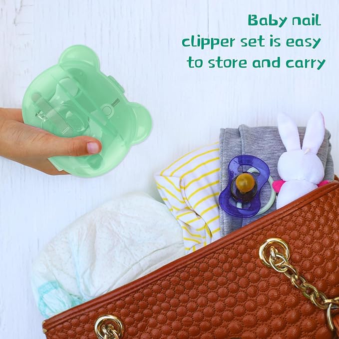 Baby Nail Kit, Baby Manicure Kit and Pedicure Kit with Cute Bear Shape Case, 4-in-1 Kit with Baby Nail Clipper, Scissor, Nail File & Tweezer for Newborn, Infant, Toddler, Mothers Day Gifts(Green)