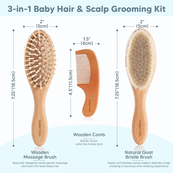 Baby Hair Brush and Comb Set for Newborns & Toddlers - Wooden Baby Brush Set With Soft Goat Bristle and Toddler Comb, Ideal for Cradle Cap