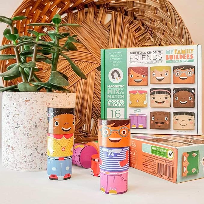 16-Piece Multiracial Magnetic Friends Play Set β Wooden Diversity Building Blocks for Kids β SEL Toy Promoting Cultural Inclusion & Creative Play