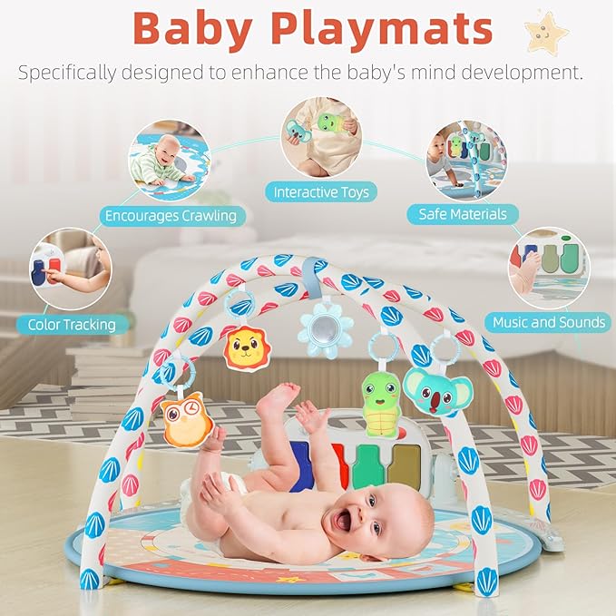 Baby Tummy Time Mat, Baby Gyms Playmats Activity Mat with 4 Toys and Mirror 40 Music, 3 to 18 Month(Blue)